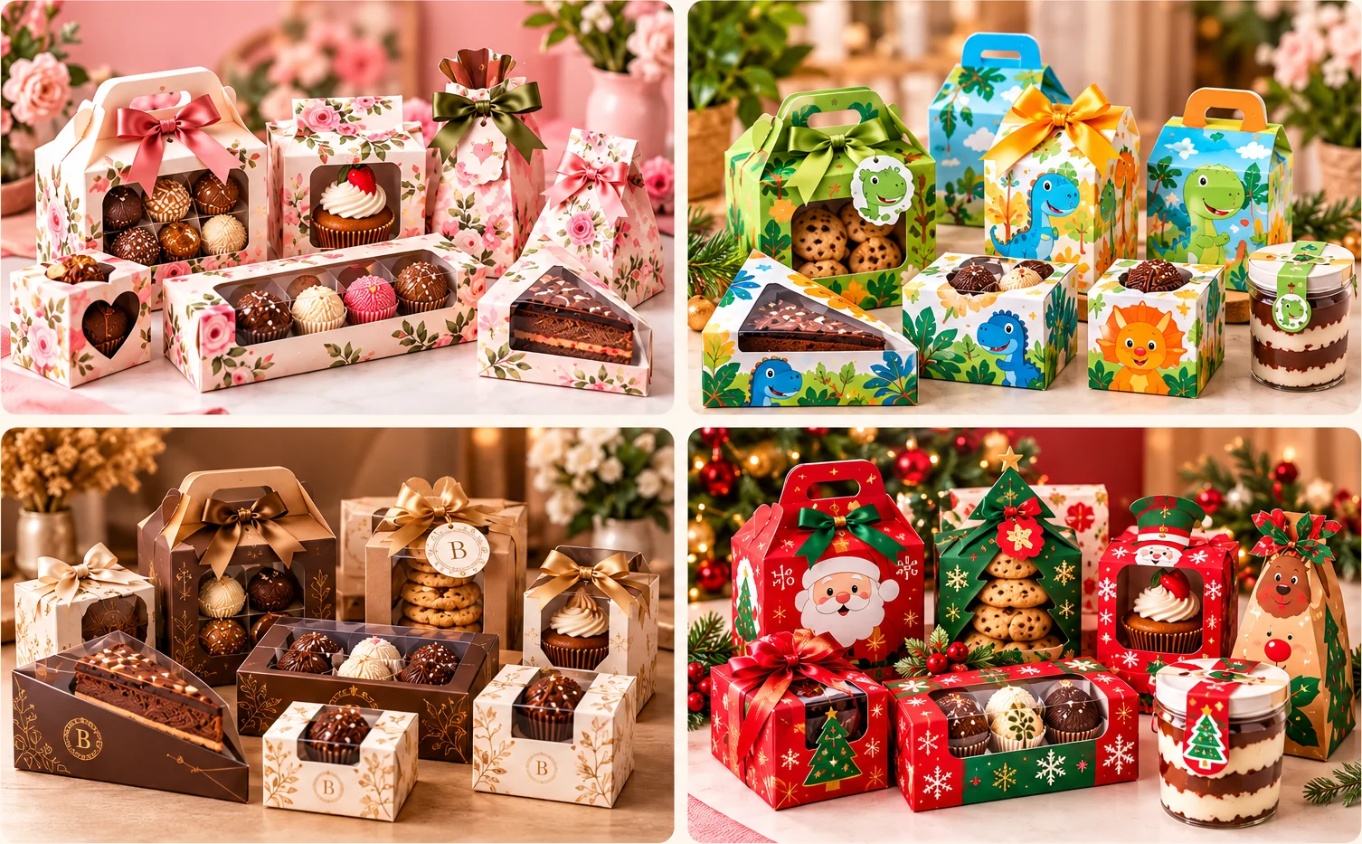 Mockup: embalagens em 4 estilos (floral, infantil, elegante e Natal)